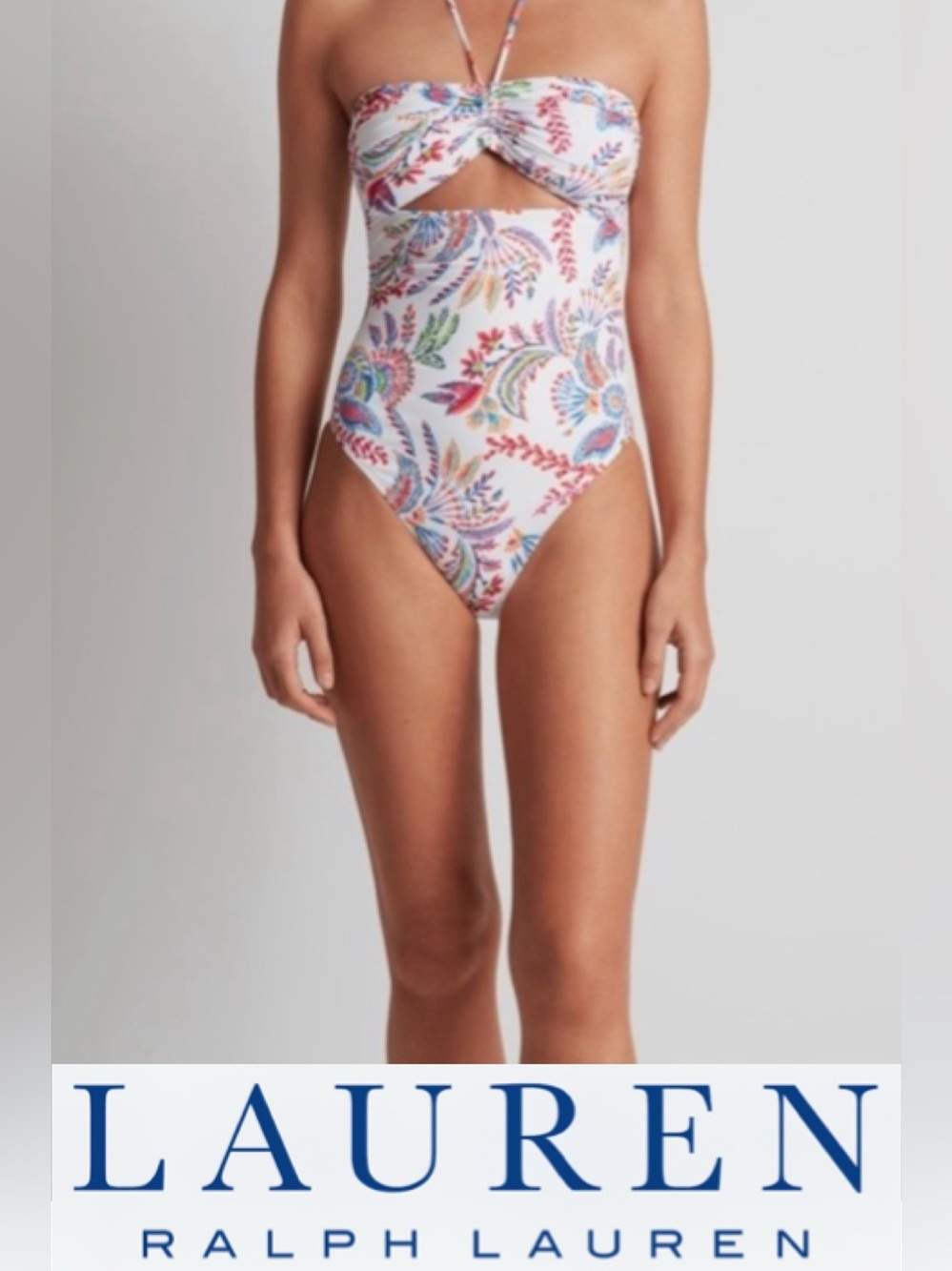NWT Ralph Lauren Floral Multicolor Cut-Out Bandeau One Piece Swimsuit Sz 10
